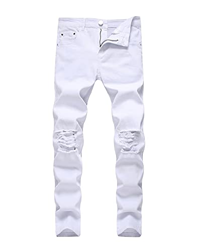Vaqueros Pitillo Hombre Pantalones Pitillo Delgados Pantalones Vaqueros Moto Streetwear Jeans Ajustados Rotos Pantalones de Mezclilla Elásticos Hiphop Pantalones Chándal Cargo Blanco 30W Cover