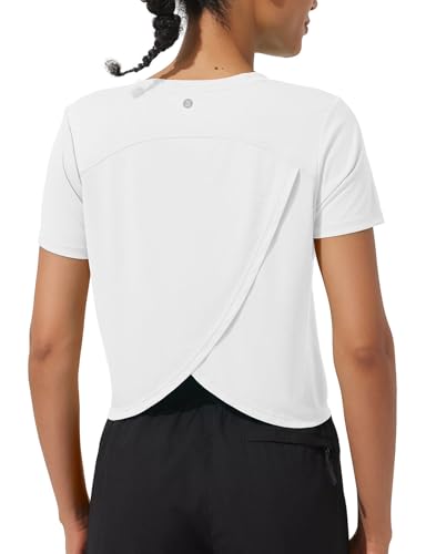 ASPO Womens Short Sleeve Workout Shirts Athletic Tops UPF 50+ Sun Protection Quick Dry Breathable for Running Yoga Gym White M