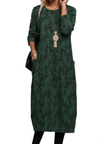 Women's Vintage Boho Ethnic Long Sleeve Maxi Dress Fall Casual Crewneck Long Tshirt Dress with Pockets
