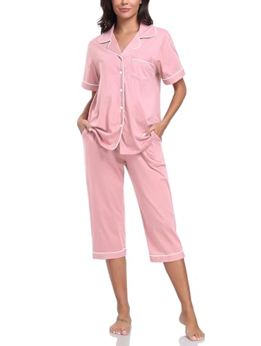 Image of COLORFULLEAF 100% Cotton Capri Pajama for Women Set Summer Short Sleeve Pj Sets for Women Cotton Sleepwear