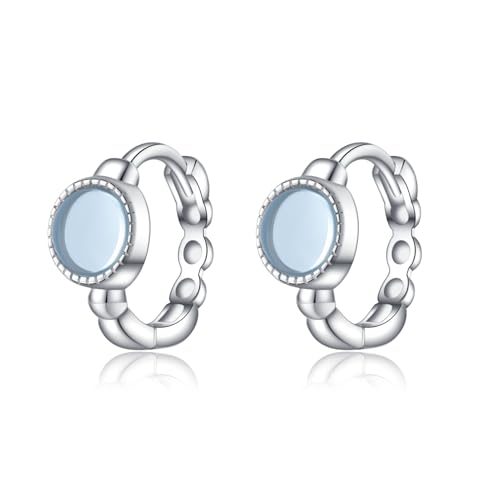 SLUYNZ Solid 925 Sterling Silver Synthetic Blue Gemstone Hoop Earrings for Women Teens Aquamarine Hoop Earrings Huggie