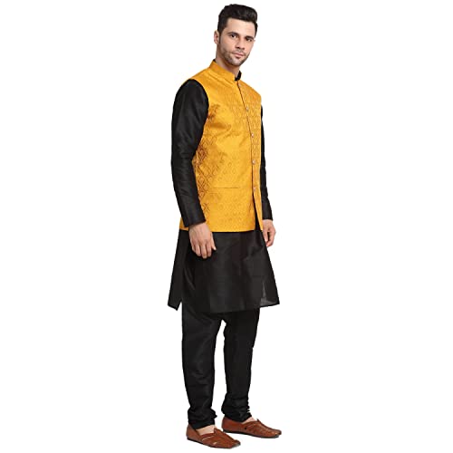Image of KRAFT INDIA Mens Gold Silk Blend Kurta and Churidar Set With Jacquard Paisley Nehru Jacket