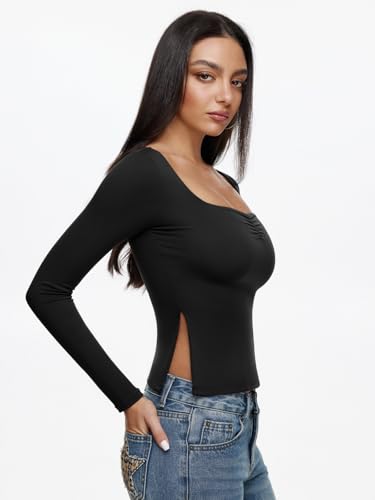 REORIA Long Sleeve Shirts for Women Square Neck Going Out Side Slit Tshirts 2025 Cute Y2k Tees Fall Trendy Tops3