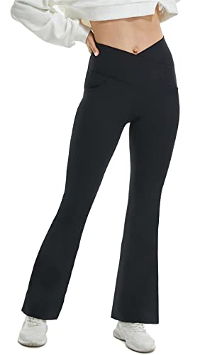 Womens Casual Flare Leggings with Pocket Bootleg Yoga Pants Crossover Hight Waisted Workout Pants