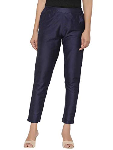 Women Navy Blue Slim Fit Solid Trousers