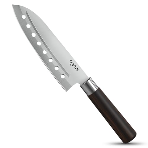 AGRUS Santoku Knife - Santoku Chef Knife with Plastic Grip - 7 Inch Japanese Santoku Knife - Versatile Knife for Chopping, Slicing, Mincing - Steel Blade with Holes - Cuts Meat, Fish, Vegetables
