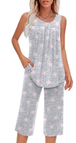Findsweet Women Pajamas Sets Loungewear Soft Sleepwear Two Piece Summer Sleeveless Pjs Tank Top Pants with Pocket M-3XL