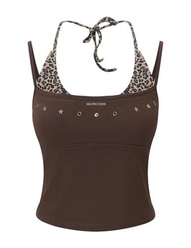Aelfric Eden Women Sexy Leopard Halter Backless Tank Top Y2k Trendy Studded Camisole Crop Tops