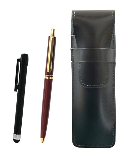 スリム牛革ペンケース黒 メタルタッチ棒黒とAP300昭和40年代復刻ノック式金属クリップボールペンセット 赤 ASB-ALB-AP300B-R