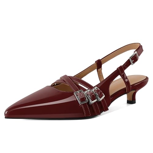 Eldof Women's Slingback Kitten Heels Buckle Strap Pointed Closed Toe Slip On Low Heel Pumps Shoes Dress 1.5 Inches