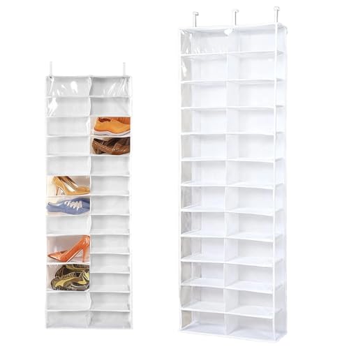 Door Hanging Shoe Rack Organizer, Hoodie Sweatshirt Storage Hack, 26-Pocket Clear Holder, Pockets Wall Shoes Bag, Portable Closet Wardrobe, 63' L X 22' W X 6.3' H, Cabinet Behind The Door (White)