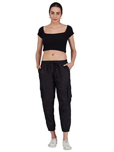 Image of fabcoast Multi-Pocket Cargo Cotton Poplin Jogger Pants for Women Summer Wear Full Elastic with Drawstring and 2 Side Pockets, 2 Back Pockets and 2 Leg Pockets