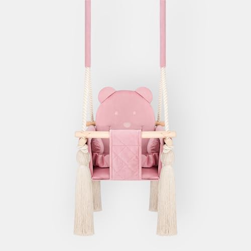 Nid Magique Altalena per bambino interno rosa velluto 6 mesi - 4 anni, seduta sospesa personalizzabile con cinture di sicurezza, made in Europa, corde regolabili 180 cm