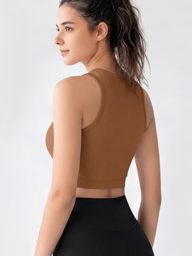 Image of ODODOS 3-Pack Seamless Crop Tank for Women Ribbed Soft High Neck Cropped Tops, Brunette+Clay+Mushroom, X-Small /Small