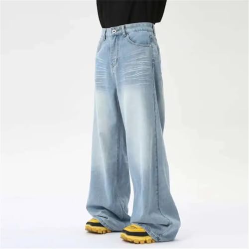 Men's High Street Denim Pants Washed Crease Pockets Trousers Loose Jeans4