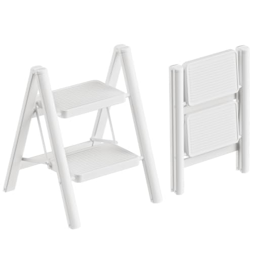 Image of 2 Step Ladder Portable Folding Step Stool with Anti-Slip Pedal, Lightweight Stepladder Multi-Use for Home and Kitchen, Saving Space, White, 300lbs
