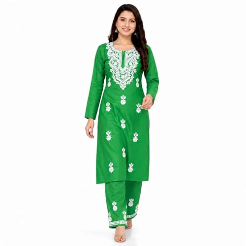 Image of Women's Chikankari Embroidered Straight Kurta with Palazzo Set, Traditional Kurti Bottom Set |Round Neck Full Sleeve Outfit for Daily,Office, Festive & Casual