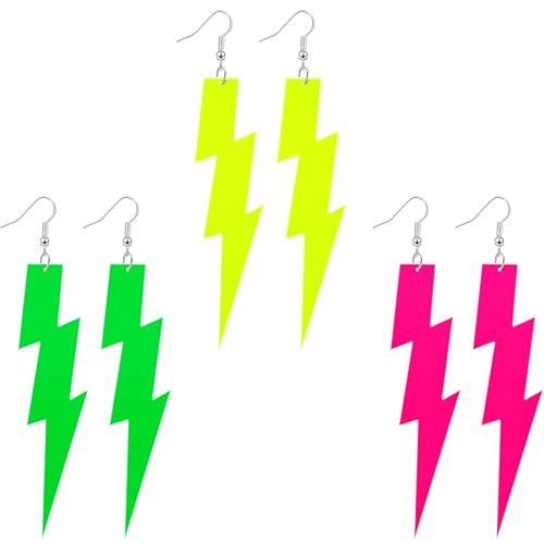 Hicarer 3 Pair 80s 90s Neon Earrings Lightning Earrings for Women Fluorescent Jewelry Accessories Acrylic Drop for Glow Women 80s Theme Halloween Party Outfit, 4.13 Inches(Pink, Green, Yellow,Classic)