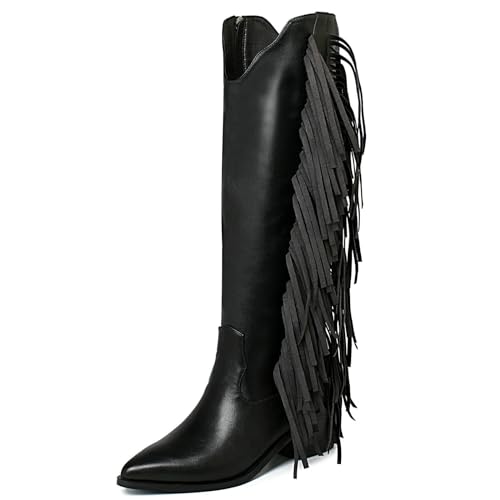 Image of KiutSymo Cowgirl Fringe Boots For Women White Tassels Cowboy Boots Knee High Pointed Toe Western Boots
