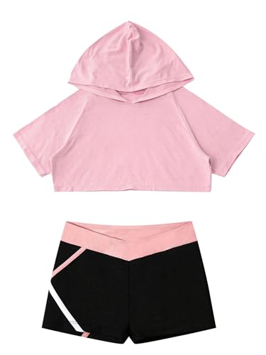 2 Piece Ballet Dance Clothes Girls' Gymnastic Sports Outfit Short Sleeve Hooded Crop Top with Shorts Sets3