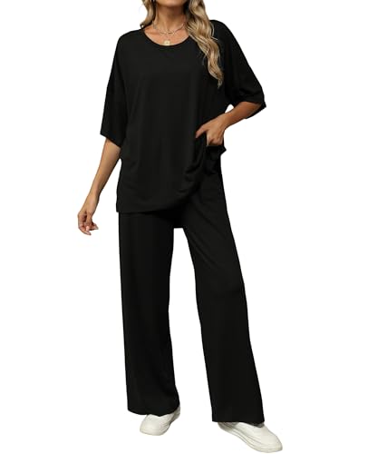 KevaMolly 2 Piece Lounge Set for Women Postpartum Oversized Tops and Wide Leg Pants Soft Comfy Pajamas Set 2 Piece Outfits
