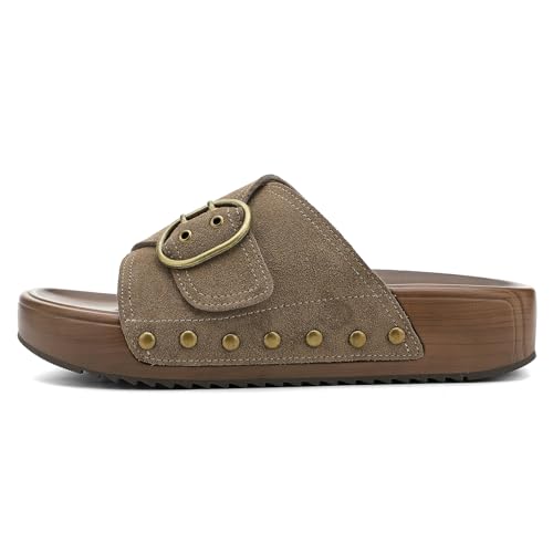 Image of UBFEN Womens Platform Slide Sandals | Real Leather,Buckle Sandals with Cushioned Flatform Footbed,Comfortable for Walking,Arch Support,Casual Styling