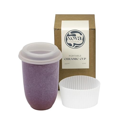 Image of NOVA CERAMICS Coffee Travel Mug - Cup Holder Friendly Travel Mug- Microwave & Dishwasher Safe White & Purple Tumbler - Coffee Mug Fits In Cup Holder - 12oz - Astral Bloom