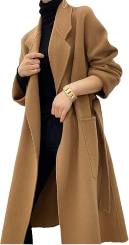 Abrigo De Lana Elegante para Mujer con Cinturón Manga Larga Color Sólido Casual Cálido Abrigo Largo, Camel, M