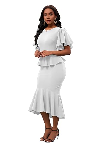 Image of Womens Summer Ruffle Short Sleeve Fishtail Dress Evening Cocktail Formal Peplum Midi Mermaid Dresses Elegant