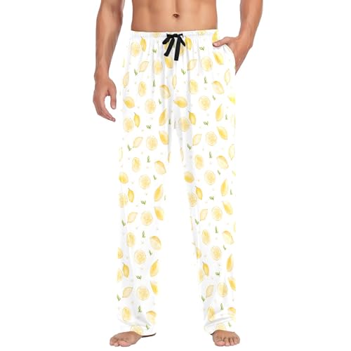 Mens Cotton Pajama Pants Sleep Lounge Pj Bottoms Sleepwear with Pockets Drawstring S Watercolor Lemon