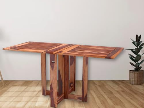 Image of Solid Sheesham Wood Foldable Dining Table Compact Design (Strip Top, Honey Finish)