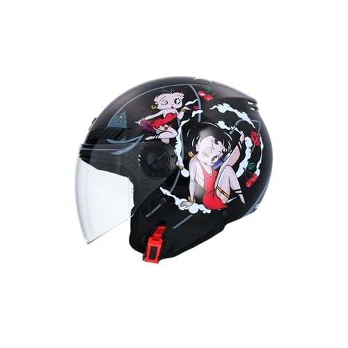 Casco Jet Shiro SH-62 La Betty II – Diseño Exclusivo Betty Boop, Negro Brillante, Visera Abatible, Homologado ECE, Estilo Retro y Urbano para Moto y Scooter Negro Brillo (S 55/56)