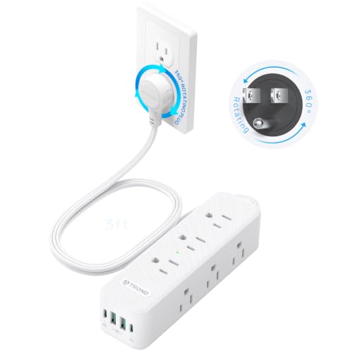 Image of TROND 360 Rotating Flat Plug Power Strip 3ft with USB PD 20W, 9 AC, White | Flat Extension Cord Surge Protector 1300J, 1625W, Wall Mountable, for Home Office Travel Dorm Room Essentials