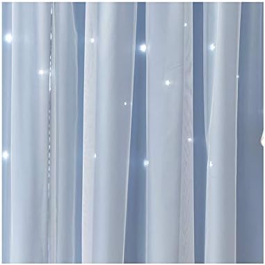Blue Blackout Curtain with Hollow Stars Design French Door Panel Lace Window Curtain Privacy French Door Curtains for Bedroom Livingroom Patio Door, No Drilling Required,Easy to Install