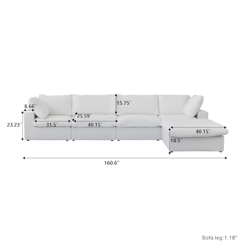 Cloud Modular Sectional Sofa with Storage Ottoman,160.6" Down Filled Comfort L Shaped Sofa Couch for Living Room,Minimalist Wide Deep Seat Convertible Couches,4 Seater and 1ottoman,White