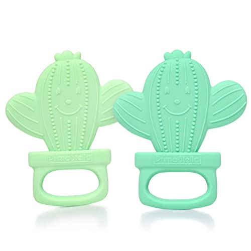 Image of PrimaStella Silicone Cactus Teethers for Infants, Babies and Toddlers - Safety Tested - BPA Free - Cute, Soothing, Easy to Hold - Baby Teether Toy Set of 2 - Green & Neo Mint