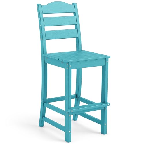 Image of Tangkula Patio HDPE Barstool, Outdoor High Top Bar Chair w /Backrest & Footrest, All-Weather Wood-Plastic Bar Height Chair for Poolside, Backyard, Porch (1, Turquoise)