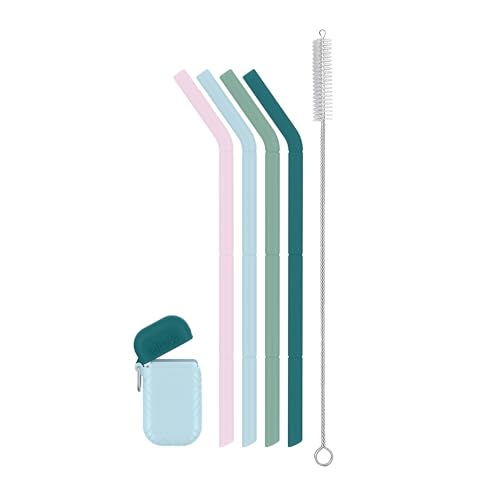 Ello Impact 4-Pack Reusable Silicone Straws with Fold & Store Carry Case, Portable Drinking Straw for Party Travel Cruise Ship, Includes Straw Cleaning Brush, Rose Medley