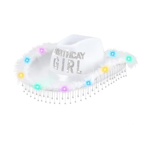 XZQYDS Birthday Tassels Rhinestones Cowgirl Hat with Colorful LED Lights Adjustable Top Caps for Parties Birthday Gathering