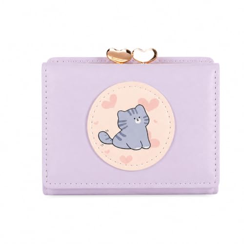 Image of Valerie Cute Small Wallets Clutch for Teen Girl Women PU Leather Trifold Small Wallet Cash Pocket 3D Buckle Card Holder Coin Purse with ID Window for Girls Women (Purple cat)