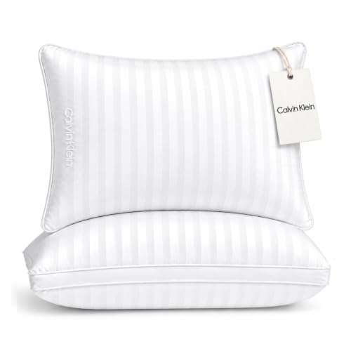 Calvin Klein Hotel Collection Bed Pillows Queen Size Set of 2, Medium Firm | 400 Thread Count Damask Stripe 100% Cotton Cover, Down Alternative Gusseted Pillow for Back, Side & Stomach Sleepers, White - image 1
