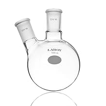 Laboy Glass 500mL 2-Neck Round Bottom Boiling Flask, Heavy Wall Borosilicate, 24/40 & 24/40 Standard Taper Joints, Angled Side Neck for Distillation, Reflux & Vacuum