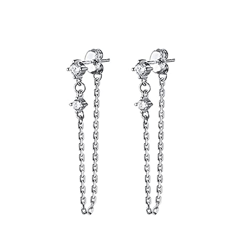 Reffeer Sterling Silver Chain Dangle Earrings for Women Teens CZ Chain Drop Earrings Studs