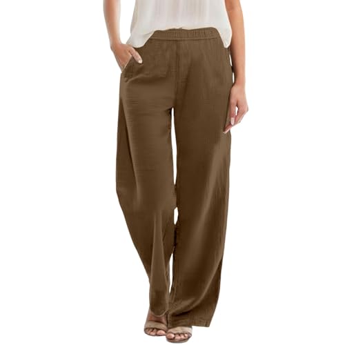 Linen Pants Women Casual Trousers with Pockets Lightweight Fabric Loose Fit Elastic Waist Summer Comfort