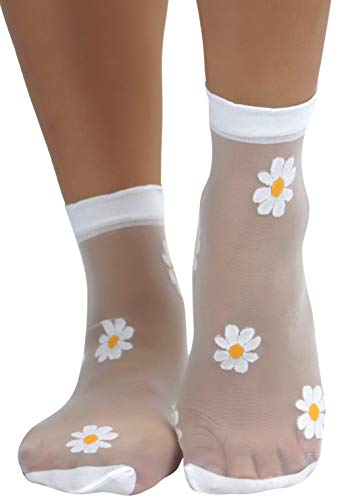 Image of ToBeInStyle Women's Sheer Fashion Ankle Socks & Pantyhose w /Springtime Daisy Design