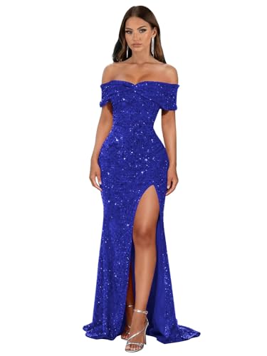 TXDBB Sequin Royal Blue Prom Dresses for Women Off the Shoulder Pleated Mermaid Long Formal Evening Gown with Slit Size 10