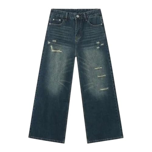 Men's Jeans Solid Color Holes Design Korean Style Worn-Out Mill Straight Leg Baggy Denim Trousers