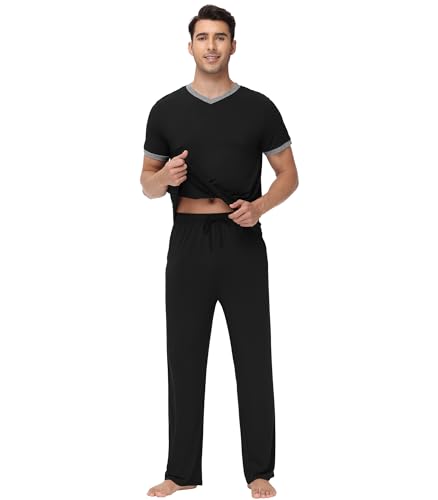 WiWi Mens Pajamas Set Viscose from Bamboo Short Sleeve Sleepwear Knit Nightwear 2 Pieces Loungewear Sets S-XXL3