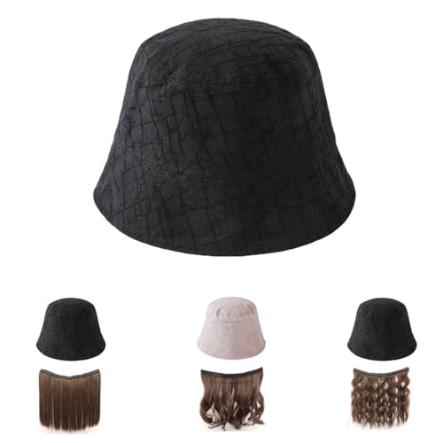 NOOFNO Lightweight Cotton Bucket Hat for Women,Foldable Thin Sun Hat with Magic Tape for Hair Attachment - Easily Transformable into Hat Wig,Black