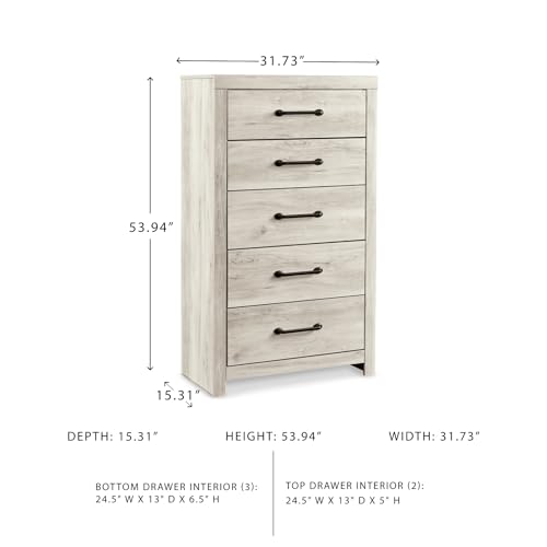 Image of Signature Design by Ashley Cambeck Chest of Drawers, 5-Min Assembly Tall Dresser, Engineered Wood & Decorative Laminate, Bedroom Storage, Whitewash, 32 inch W